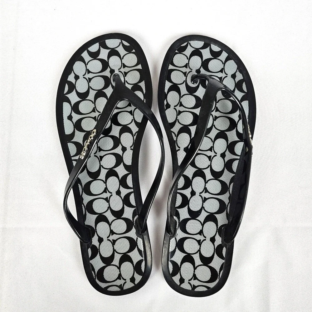 Coach Lyra Women's 7B Black Jelly Embellished Signature Logo Flip Flops Sandals - Picture 2 of 10